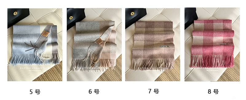 Applique Lettering Wool Scarf Plaid Fringed