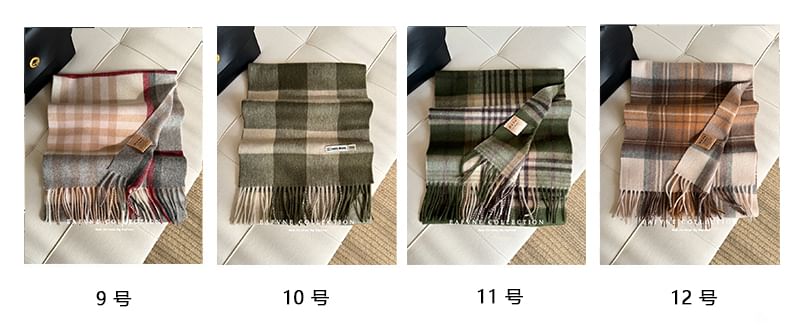 Applique Lettering Wool Scarf Plaid Fringed