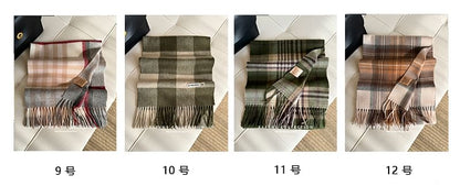 Applique Lettering Wool Scarf Plaid Fringed