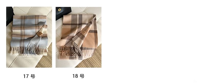 Applique Lettering Wool Scarf Plaid Fringed