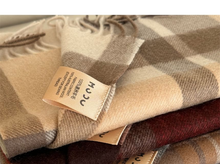 Applique Lettering Wool Scarf Plaid Fringed