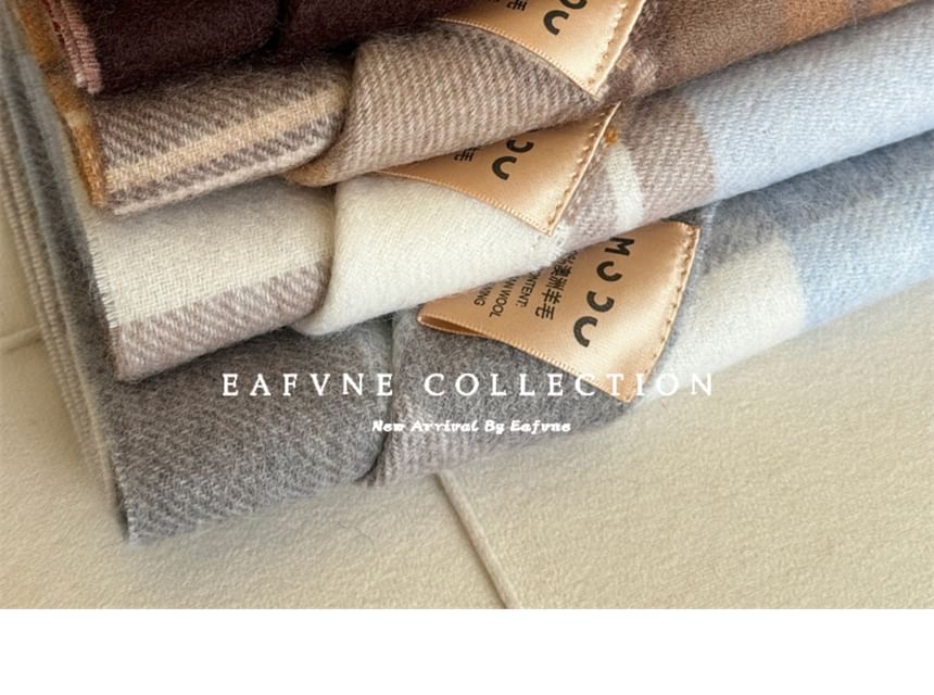 Applique Lettering Wool Scarf Plaid Fringed