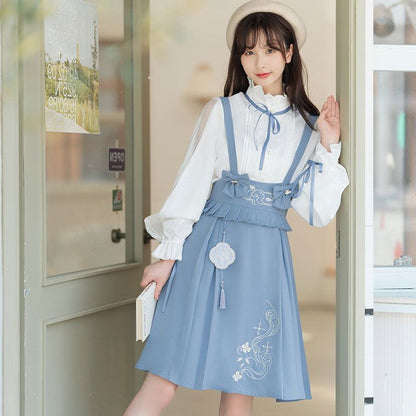 Long-Sleeve Pintuck Ribbon Lace Trim Blouse / High Waist Print Bow A-Line Jumper Skirt / Set