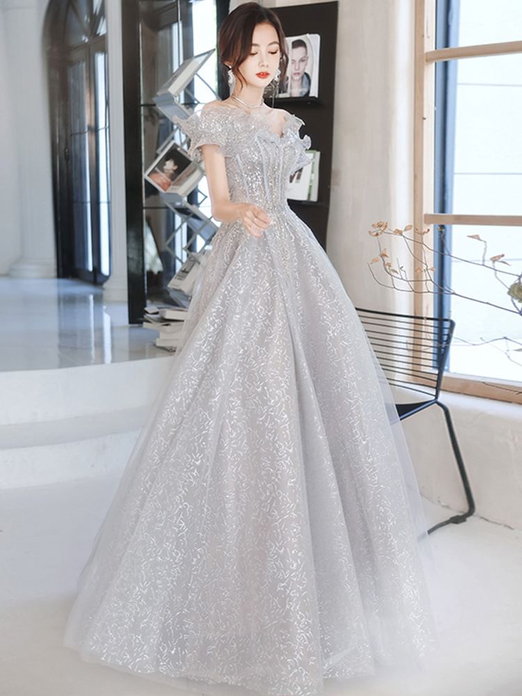 Off-Shoulder Ruffled Floral Embroidered A-Line Evening Gown