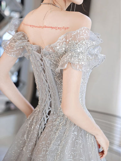 Off-Shoulder Ruffled Floral Embroidered A-Line Evening Gown