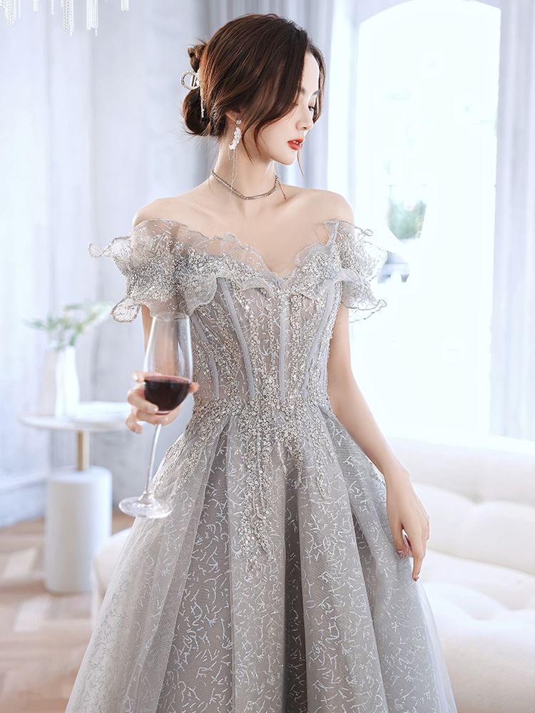 Off-Shoulder Ruffled Floral Embroidered A-Line Evening Gown