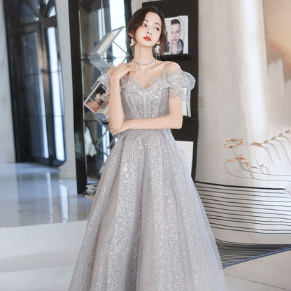 Off-Shoulder Ruffled Floral Embroidered A-Line Evening Gown