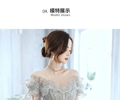 Off-Shoulder Ruffled Floral Embroidered A-Line Evening Gown