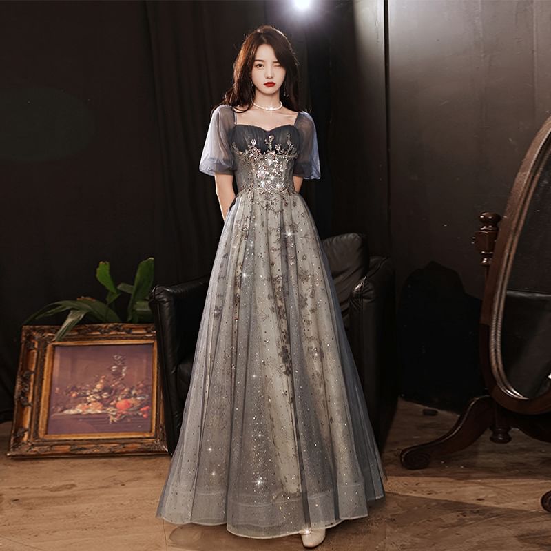 Puff-Sleeve Sequined Paneled A-Line Evening Gown