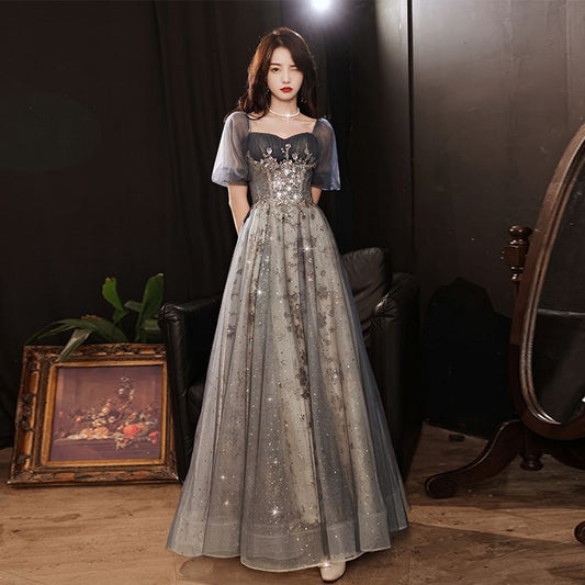 Puff-Sleeve Sequined Paneled A-Line Evening Gown