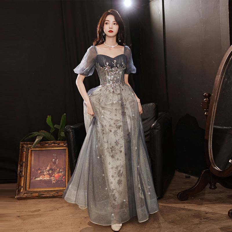 Puff-Sleeve Sequined Paneled A-Line Evening Gown