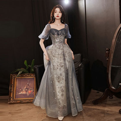 Puff-Sleeve Sequined Paneled A-Line Evening Gown