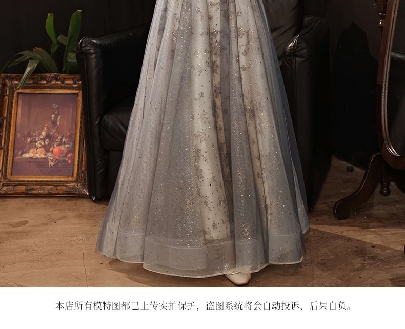 Puff-Sleeve Sequined Paneled A-Line Evening Gown