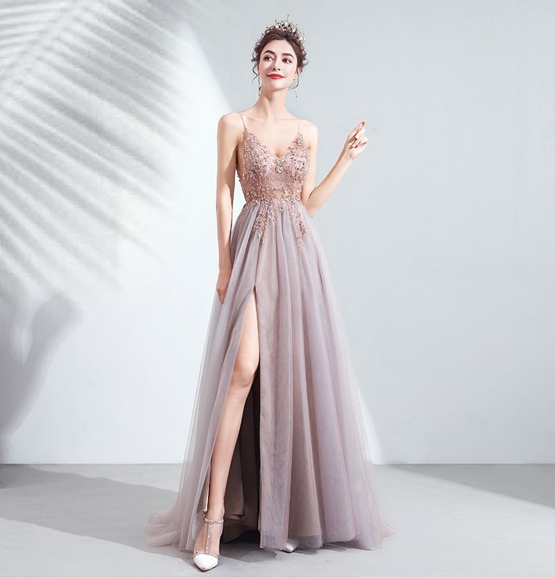 Spaghetti Strap Rhinestone Lace Panel Slit A-Line Evening Gown
