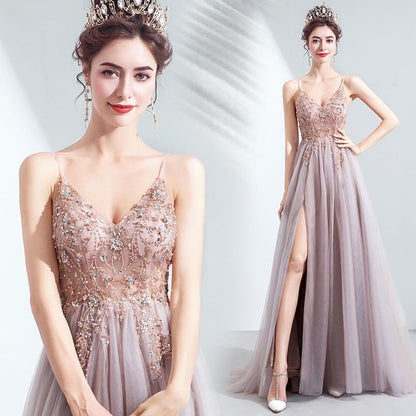 Spaghetti Strap Rhinestone Lace Panel Slit A-Line Evening Gown