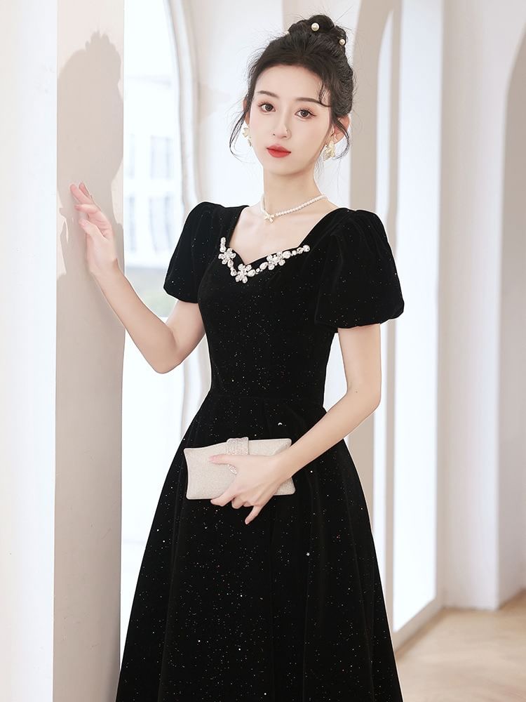 Puff-Sleeve Rhinestone Glitter Bow Back A-Line Velvet Evening Gown (Various Designs)