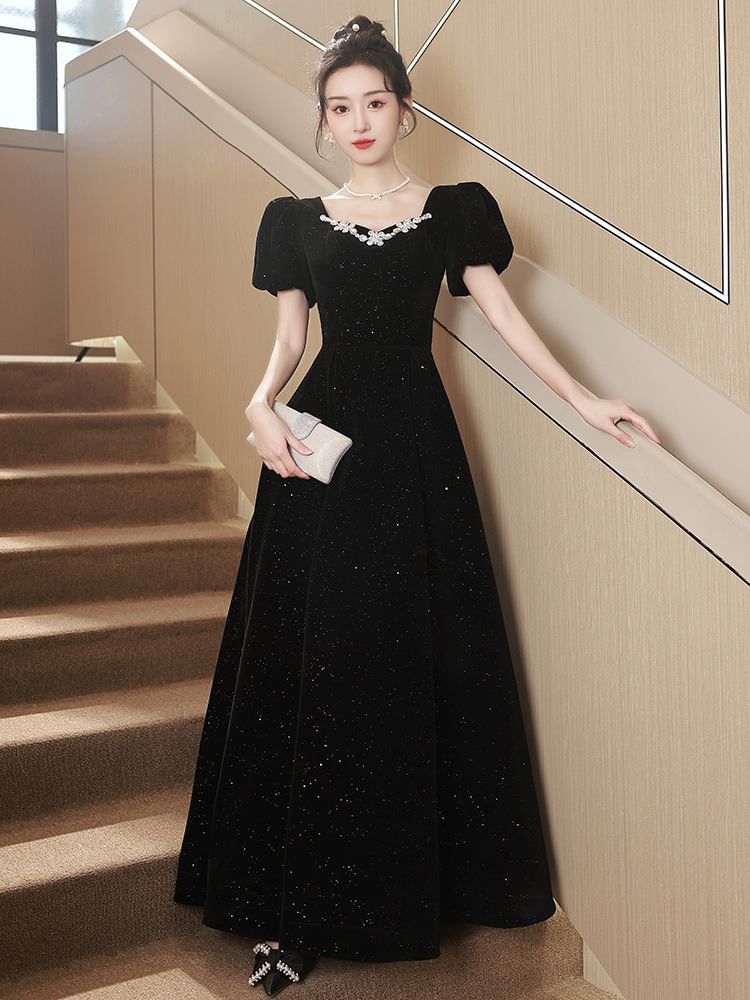 Puff-Sleeve Rhinestone Glitter Bow Back A-Line Velvet Evening Gown (Various Designs)