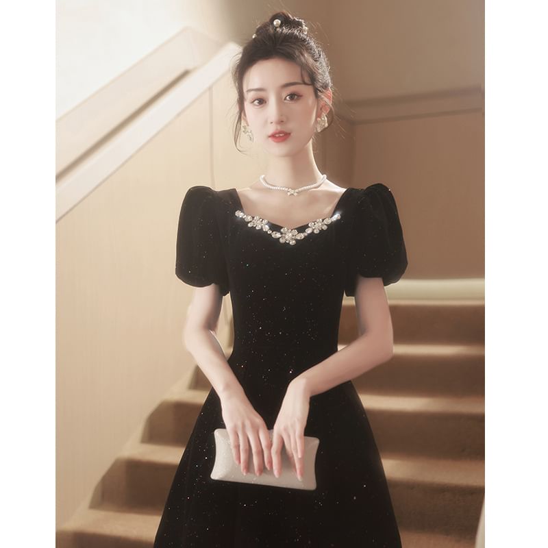 (Various Bow Glitter Velvet Puff-Sleeve Designs) Back Gown Rhinestone A-Line Evening