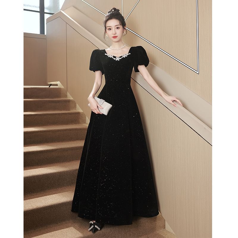 Puff-Sleeve Rhinestone Glitter Bow Back A-Line Velvet Evening Gown (Various Designs)
