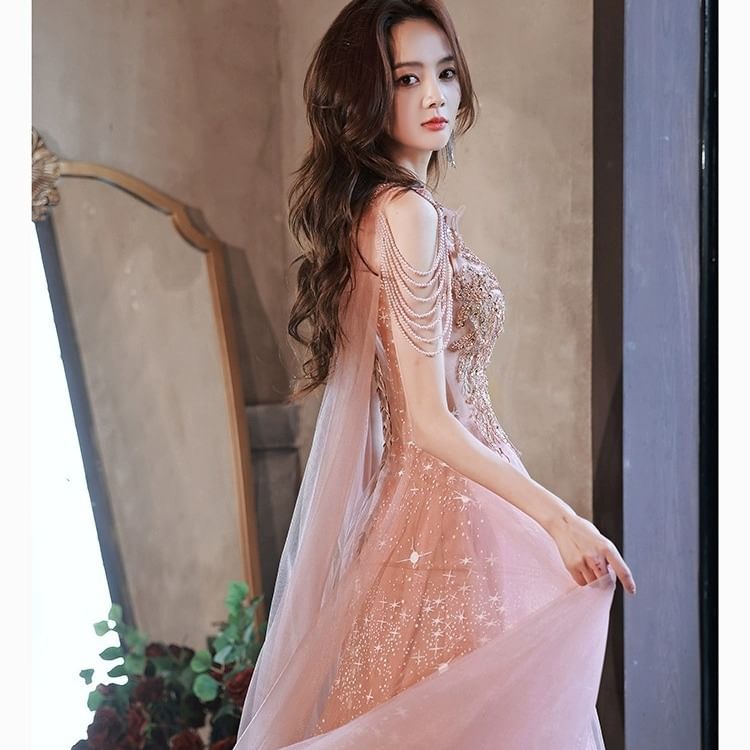 Sleeveless Sequined Ruffled Faux Pearl Strap A-Line Evening Gown