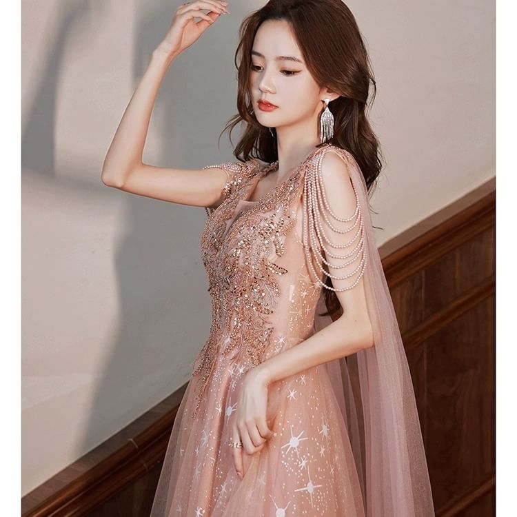 Sleeveless Sequined Ruffled Faux Pearl Strap A-Line Evening Gown