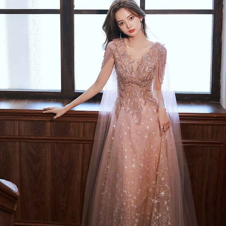 Sleeveless Sequined Ruffled Faux Pearl Strap A-Line Evening Gown