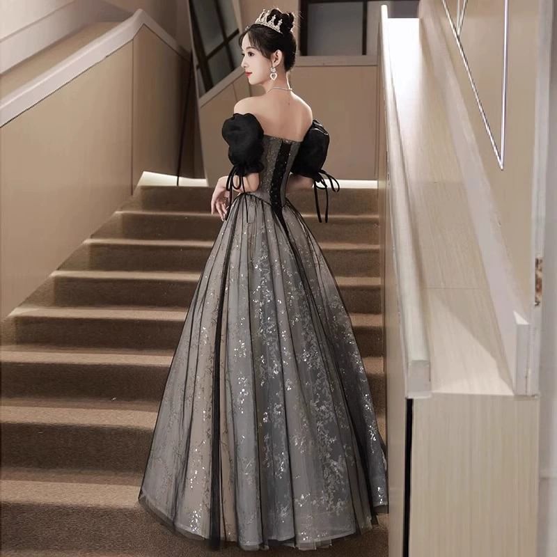 Off-Shoulder Puff-Sleeve Sequined Floral A-Line Evening Gown