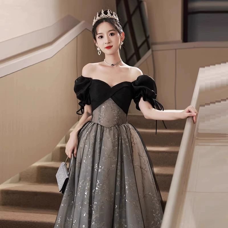 Off-Shoulder Puff-Sleeve Sequined Floral A-Line Evening Gown