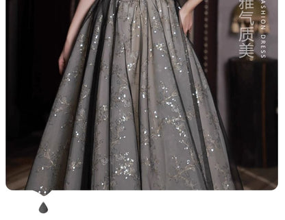 Off-Shoulder Puff-Sleeve Sequined Floral A-Line Evening Gown