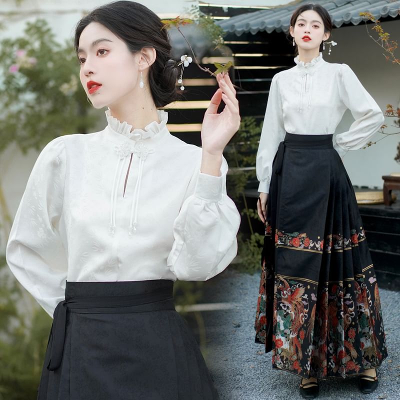 Mock Neck Plain Blouse / Mid Rise Hanfu Patterned Maxi A-Line Skirt / Necklace