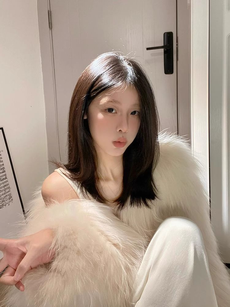 V-Neck Plain Faux Fur Jacket