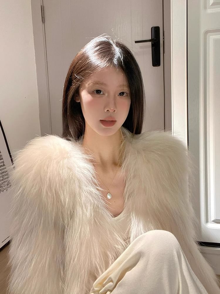 V-Neck Plain Faux Fur Jacket