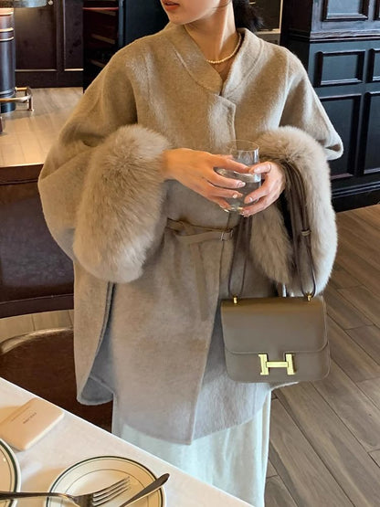 Collared Plain Panel Faux Fur Belted Coat