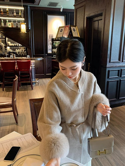 Collared Plain Panel Faux Fur Belted Coat