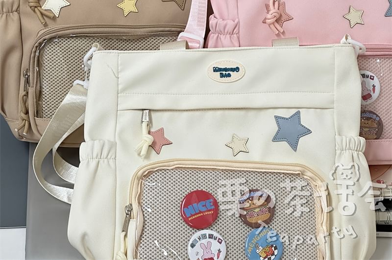 Star Applique Mesh Panel Multi-Pocket Tote Bag / Coin Purse / Bag Charm / Set