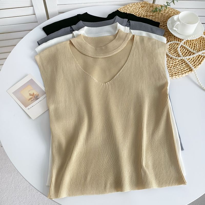 Sleeveless Mock Neck Plain Cutout Ribbed Knit Top