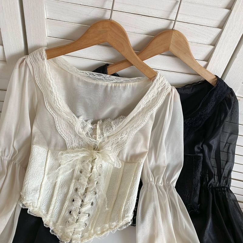 Cinched Sleeve Square Neck Plain Lace Up Panel Lace Blouse