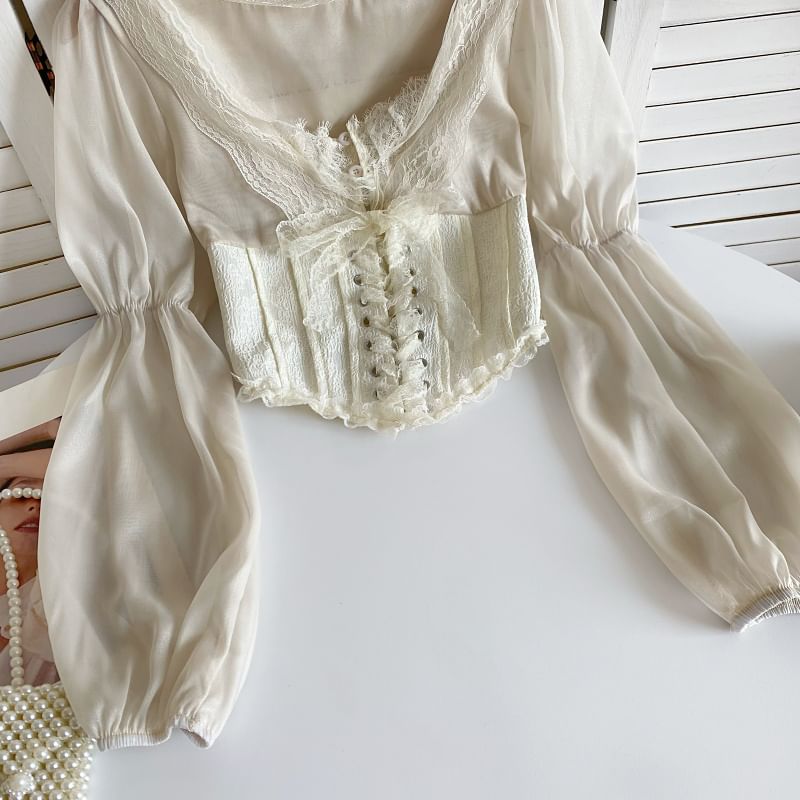 Cinched Sleeve Square Neck Plain Lace Up Panel Lace Blouse