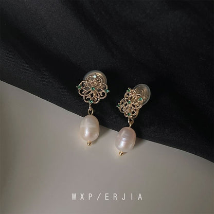 Faux Floral Pearl Clip-On Drop Rhinestone Earring