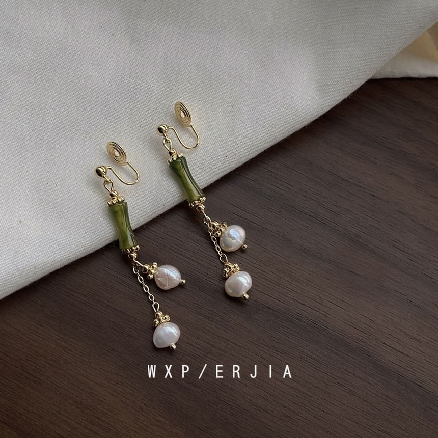 Bamboo Faux Pearl Clip-On Earring Drop