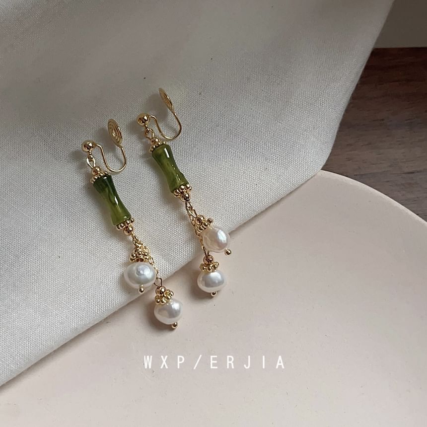 Bamboo Faux Pearl Clip-On Earring Drop