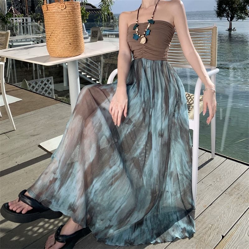 Strapless Tie-Dyed Paneled Midi Sundress