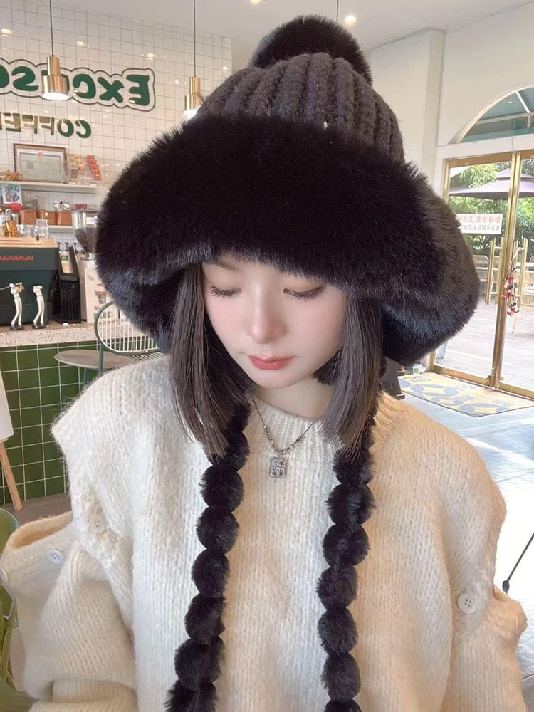 Lettering Applique Faux Fur Knit Trapper Hat