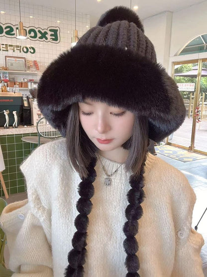 Lettering Applique Faux Fur Knit Trapper Hat