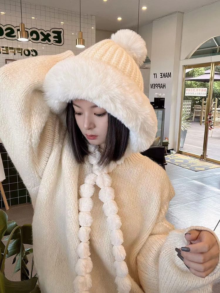 Lettering Applique Faux Fur Knit Trapper Hat