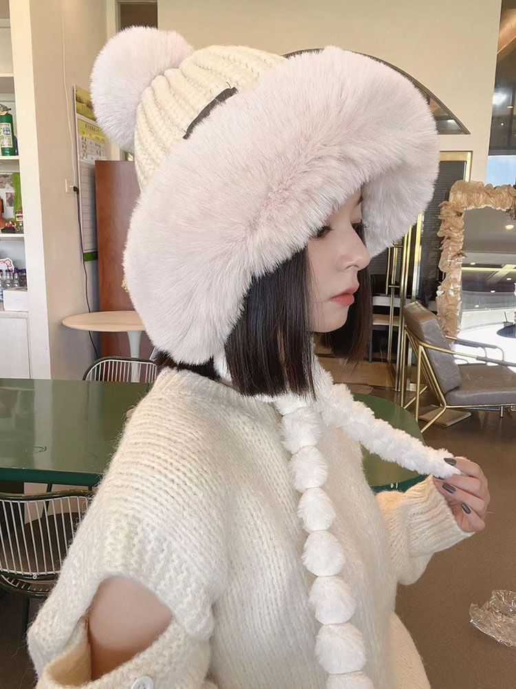 Lettering Applique Faux Fur Knit Trapper Hat
