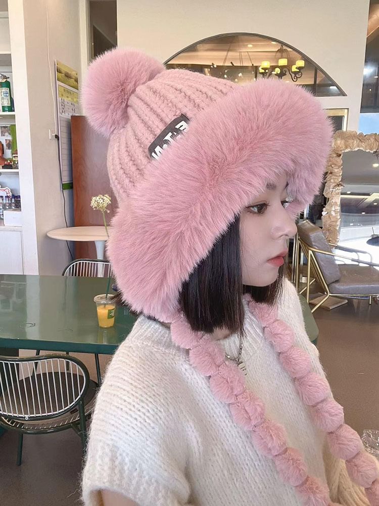 Lettering Applique Faux Fur Knit Trapper Hat