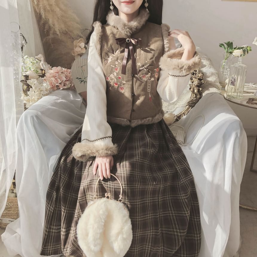 Set: Collared Fluffy Embroidered Mock Two Piece Button Jacket + Mid Rise Plaid Midi A-Line Skirt