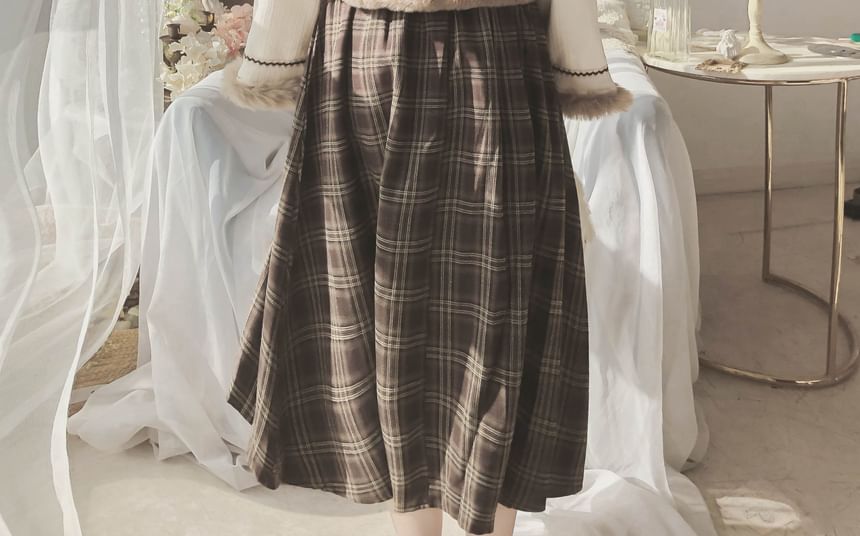 Set: Collared Fluffy Embroidered Mock Two Piece Button Jacket + Mid Rise Plaid Midi A-Line Skirt