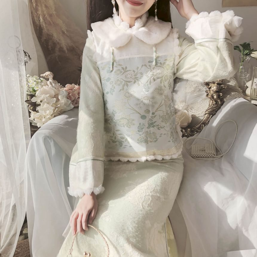 Long-Sleeve Collared Floral Midi Qipao / Embroidered Vest / Set